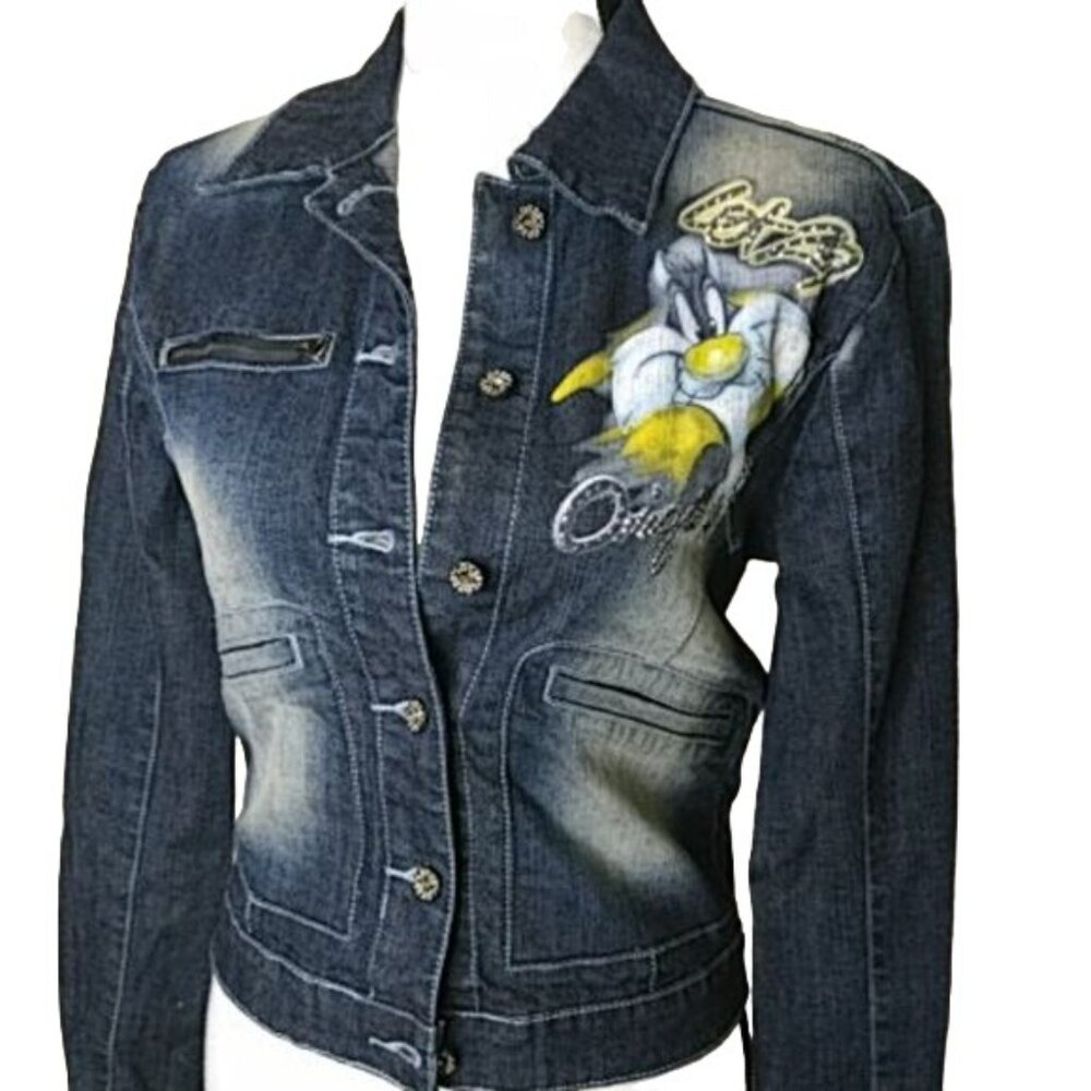 Vintage 90's Y2K Airbrush LOT 29 Loony Tunes Denim Jacket Sz S Sylvester Daffy - Picture 2 of 9